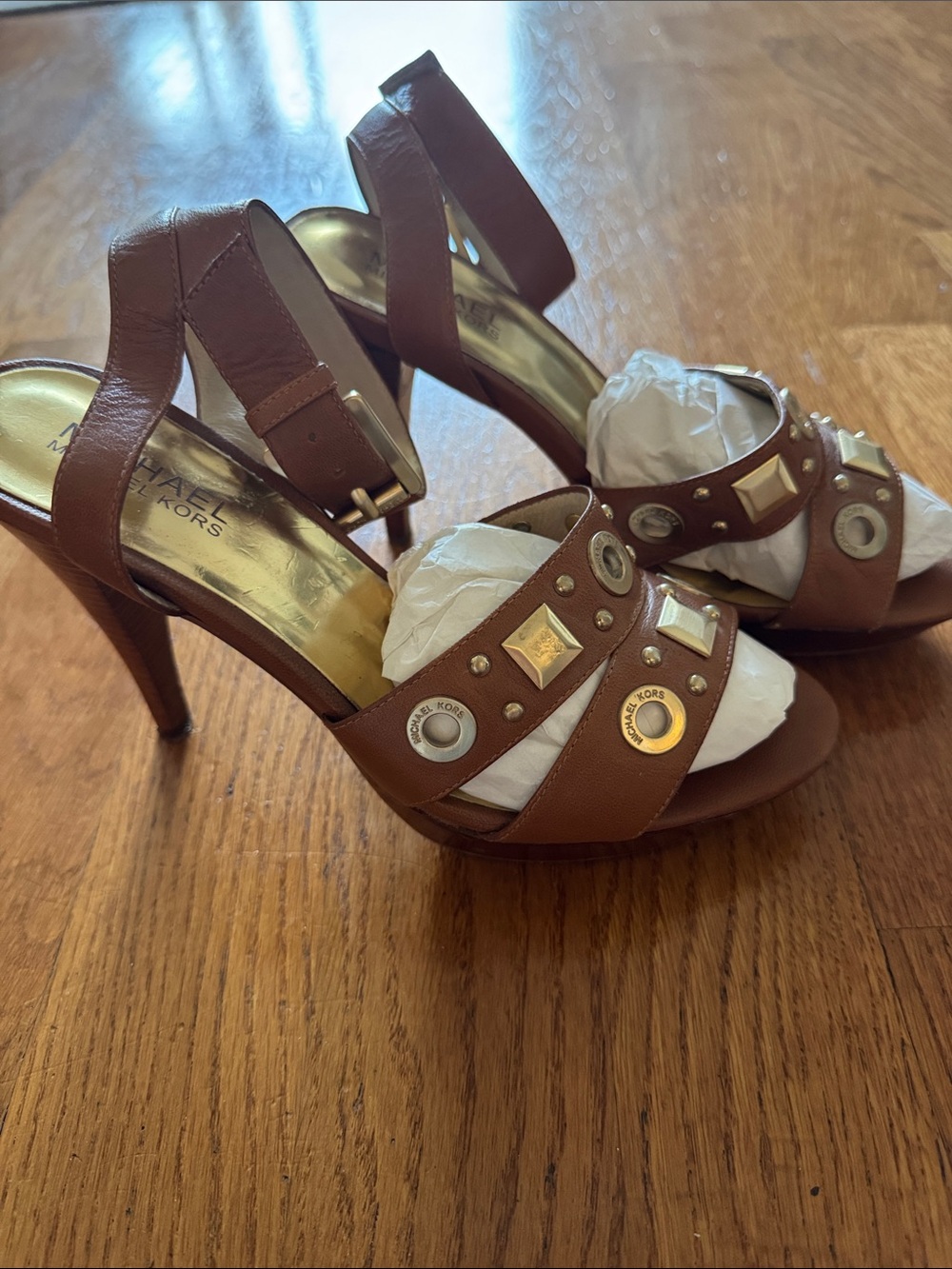 Michael Kors Brown Leather Studded High Heel Sandals